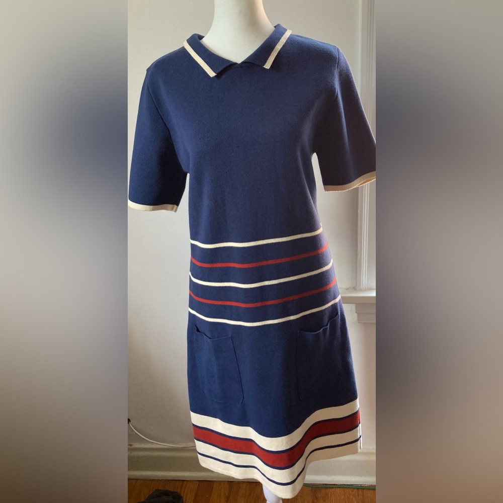 Waist 32” Dear Creatures Navy Shirley Dress Cream & Rust Stripe- Mod 60s Knit L